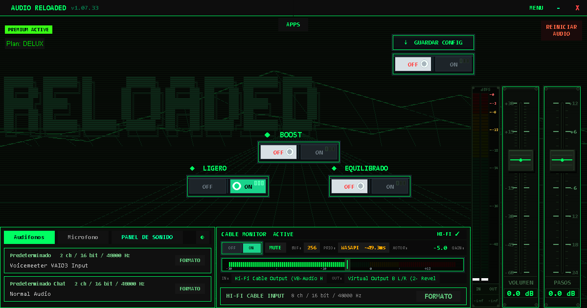 Interfaz de Audio Reloaded mostrando los modos BOOST, EQUILIBRADO y LIGERO